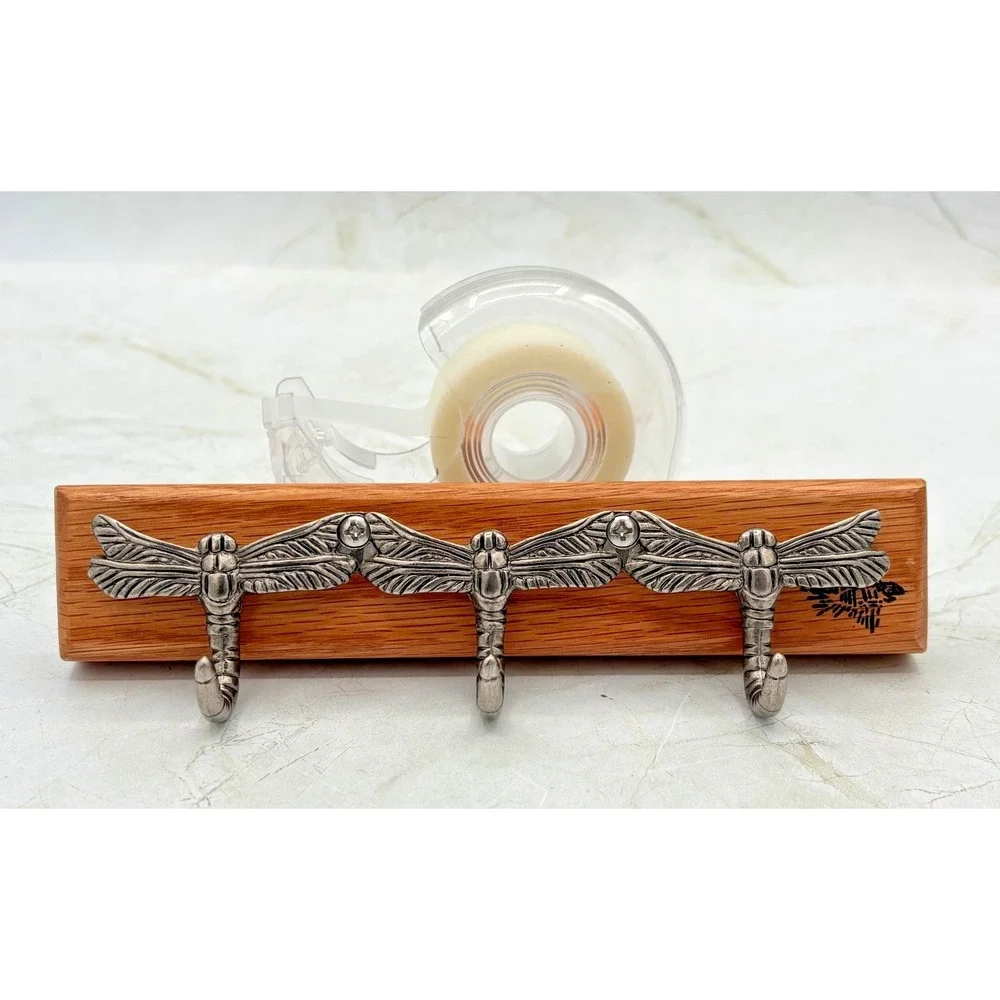 Artisan Signed Oak Dragonfly 3 Hook Key Rack Handmade 2024 Bradenton FL Bonefish
